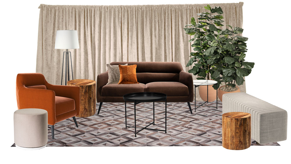 Brown loveseat with an orange accent chair and beige drape.