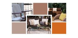 Collage of event furniture and decor inspired by Pantone's Color of the Year, featuring brown sofas, neutral chairs, and accent pieces.