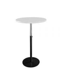 30in round event rental bar table with white top and black hydraulic base.