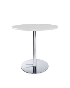 30in round event rental cafe table with white top and chrome base.