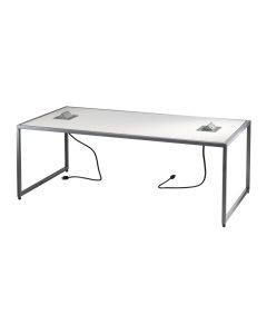 white rectangular cocktail table with 2 open charging panels