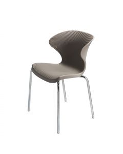 Curved event rental gray stacking chair with chrome legs for conferences and meetings.