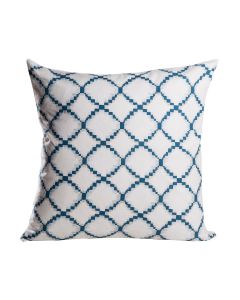 Contemporary white and blue ogee patterned throw pillow. 