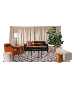 Product vignette with warm-toned furniture and cream-colored accents