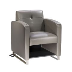 Soft dove gray vinyl powered chair with under the seat storage and chrome base. 